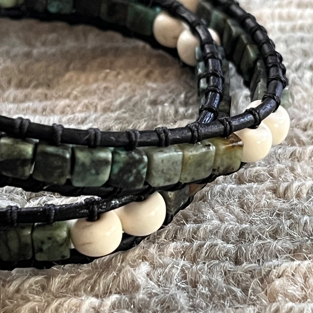 Double-Wrap Leather Bracelet - Square Turquoise, … - image 2